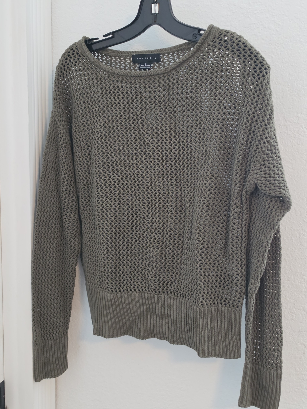 Sanctuary Olive Open-Knit Crewneck Sweater